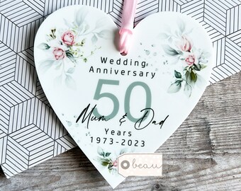 Personalised Wedding Anniversary Names Mr & Mrs 25th 50th 1st 40th 35th pink roses Greenery Acrylic heart Decoration Ornament Keepsake