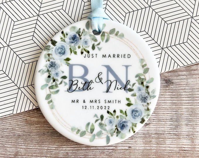 Featured listing image: Personalised Wedding gift Just Married Mr & Mrs Newlywed New couple Pale Blue Greenery Ceramic or Acrylic Decoration Ornament Keepsake