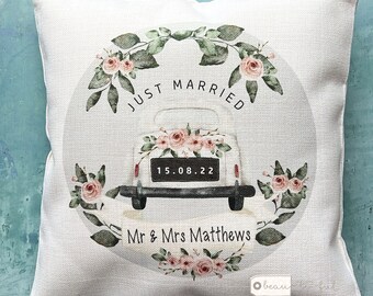 Personalised Just Married Mr Mrs Home Quote Vintage Car Pink Floral Greenery Design Home Quote Linen Style Cushion cover