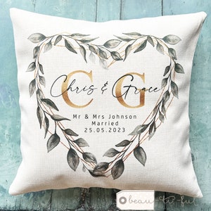Personalised Married Engaged Anniversary Gift Mr Mrs Home Quote Foliage Greenery Heart Design Home Quote Linen Style Cushion cover