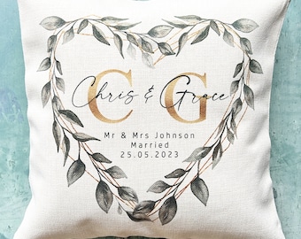 Personalised Married Engaged Anniversary Gift Mr Mrs Home Quote Foliage Greenery Heart Design Home Quote Linen Style Cushion cover