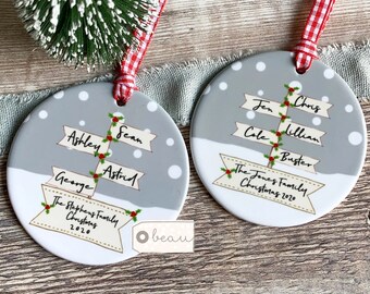 Personalised Christmas Family Names Signpost Design Nordic Style Ceramic Acrylic Round or Star Ornament Keepsake
