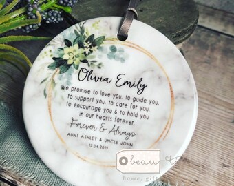 Personalised Promise to Godchild Christening Baptism Gift idea Baby Boy Girl Foliage Greenery Ceramic or Acrylic Round Ornament Keepsake