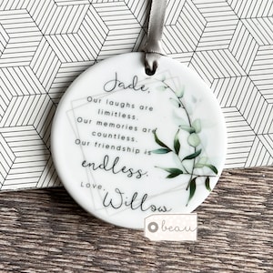 Personalised Friend gift Our laughs are limitless Gift Modern Greenery Ceramic or Acrylic Decoration Ornament Workmate Friendship Keepsake