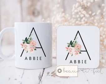 Personalised mug gift Birthday gift Gift for her Friend gift Name and initial Floral Greenery Ceramic Mug - Tea mug - coffee Mug - Gift mug