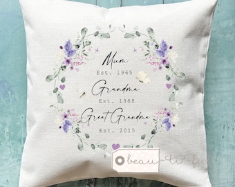 Personalised Floral Linen Style Cushion - Gift for Grandma, Nanna, Mum Birthday Mother’s Day Easter