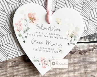 Personalised Godmother Godfather Godparents Gift Thank you Christening Baptism Quote Greenery Floral Acrylic Heart Keepsake Ornament