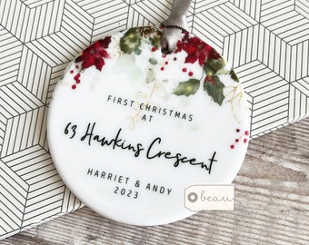 Personalised First Christmas at Address New Home Gift Holly Foliage Wreath Poinsettia Design Ceramic or Acrylic Round Ornament Keepsake