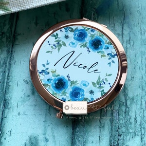 Personalised Name and initial Blue Floral Greenery Round Rose Gold Silver Compact Pocket Mirror Keepsake Bridesmaid Gift