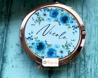 Personalised Name and initial Blue Floral Greenery Round Rose Gold Silver Compact Pocket Mirror Keepsake Bridesmaid Gift