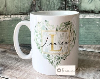 Personalised Eucalyptus Heart Greenery Ceramic Mug - Tea mug - coffee Mug - Gift mug Valentine gift Wedding gift Personalised gift for her
