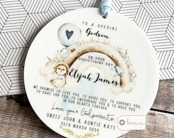 Personalised Promise to Godchild Christening Baptism Gift Baby Godson Grandson Boy Rabbit Balloon Ceramic or acrylic Ornament Keepsake
