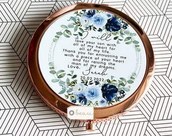 Personalised Mother of Bride Groom I will love your son daughter Thank you Quote Blue bouquet floral Compact Pocket Mirror Wedding Gift