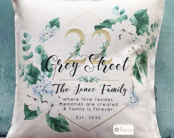 Personalised Home Gift Family Address Quote Foliage Greenery Design Home Quote Linen Style Cushion cover