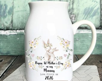 Personalised First 1st Mother’s Day gift Mum Nanna Nanny Grandma Gran Gift Bunny Floral Ceramic Small Vase Jug Mug Birthday gift Easter