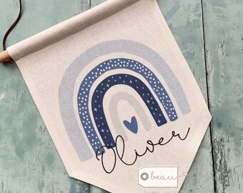Personalised Name Blues Pastel Rainbow Design Home Quote Boho Linen Style Pennant Flag Room Decor