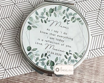 Personalised Mother of Bride Groom As I say I do Thank you Quote Geometric Greenery Rose Gold Compact Pocket Mirror Wedding Keepsake