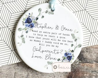 Personalised Will you be my Godmother Godfather Godparents Proposal Christening Baptism Gift Greenery Ceramic or acrylic Round Keepsake