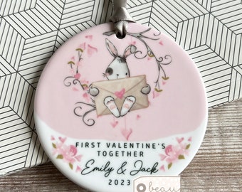 Personalised First Valentine’s Together Married Engaged Bunny Heart Ceramic Round Decoration Ornament Keepsake