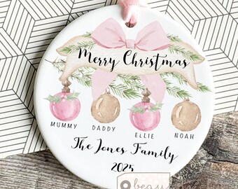 Personalised Family Christmas gift Baubles Greenery Design Acrylic or ceramic Round Ornament Keepsake Tree Bauble decoration gift pink