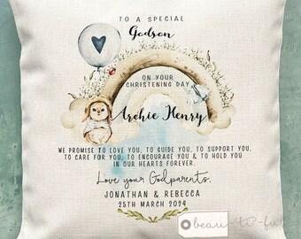 Personalised Christening Baptism Gift Promise to Godchild Godson Goddaughter Rabbit Rainbow Linen Style Cushion Godparent Godmother