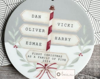 Personalised First Christmas as a family of 3 4 5 6 7 8 gift mummy daddy Signpost Design Nordic Scandi Style  Round Ornament Keepsake