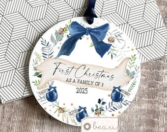 Personalised 1st First Christmas as family of 3 4 5 Bauble Mummy Daddy Mammy Mommy Baby Greenery Acrylic Or ceramic Ornament Keepsake wreath