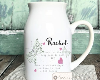 Personalised Inspirational Motivational gift Look for the happiness Quote Butterfly Ceramic Small mug jug vase Friendship Home gift bud vase