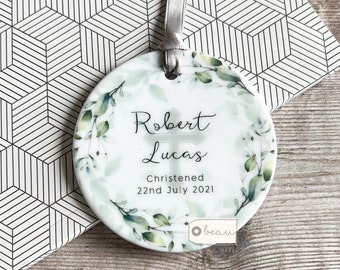 Personalised Christening Baptism gift Baby Boy Girl Greenery Wreath Design Ceramic or Acrylic Round Ornament Keepsake
