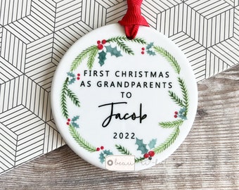 Personalised First Christmas as Grandparents Gran Grandma Nanna New Baby Holly Botanical Greenery Ceramic or Acrylic Round Ornament Keepsake