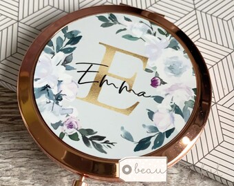 Personalised Name White pink floral Round Rose Gold Compact Pocket Mirror Keepsake