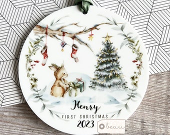 Personalised First Christmas gift Woodland scene Rabbit Tree Acrylic or ceramic Round Ornament Keepsake Tree Decoration Child boy girl gift