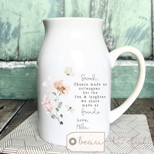 Personalised Friend gift, Chance made us colleagues Floral Ceramic Small jug vase mug, Friendship Bud vase