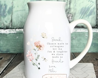 Personalised Friend gift, Chance made us colleagues Floral Ceramic Small jug vase mug, Friendship Bud vase