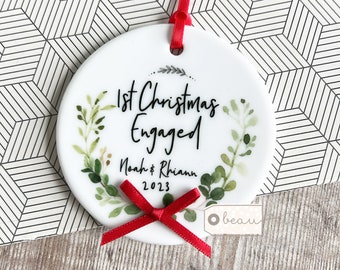 Personalised First Christmas Together Engaged Engagement gift Botanical Greenery Design Ceramic or Acrylic Round Ornament Keepsake