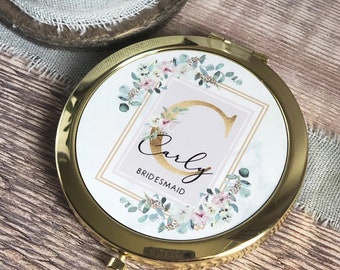 Personalised Name Eucalyptus Floral Geometric Greenery Round Rose Gold Compact Pocket Mirror Keepsake Bridesmaid Gift