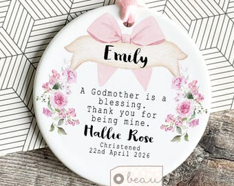 Personalised Thank you Godmother Godfather Godparents Gift Christening Baptism Quote greenery Ceramic or acrylic Round Ornament Keepsake