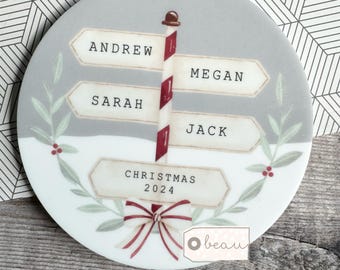 Personalised Christmas Family Gift Names Signpost Design Nordic Scandi Style Ornament Keepsake Christmas Bauble Tree Decoration