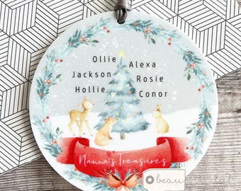 Personalised Christmas Tree woodland animals Grandchildren Acrylic or ceramic Round Ornament Keepsake Tree Decoration Child boy girl gift