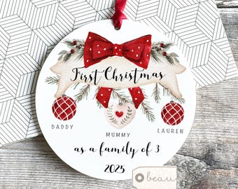Personalised 1st First Christmas as family of 3 4 5 Bauble Mummy Daddy Mammy Mommy New parents Baby Greenery Ornament Keepsake red