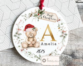 Personalised Baby Babies Baby’s First Christmas Gift Newborn Teddy Santa hat Scene Design First Bauble Ornament Keepsake New Baby