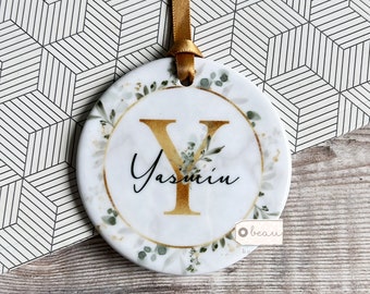 Personalised Christmas Name Greenery leaf Design Ceramic Round Ornament Keepsake
