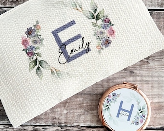 Personalised Name and initial Purple Blush Floral Eucalyptus Design Linen style Fabric Make up Bag Birthday gift for her mum sister friend