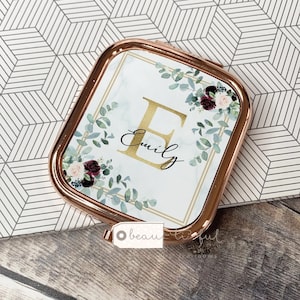 Personalised Name and Initial.. Burgundy Geometric Greenery Square Rose Gold Compact Pocket Mirror Keepsake