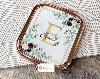 Personalised Name and Initial.. Burgundy Geometric Greenery Square Rose Gold Compact Pocket Mirror Keepsake
