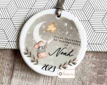 Personalised First Christmas as Grandparents Gran Grandma Nanna New Baby Moon Stars Design Ceramic or Acrylic Round Ornament Keepsake