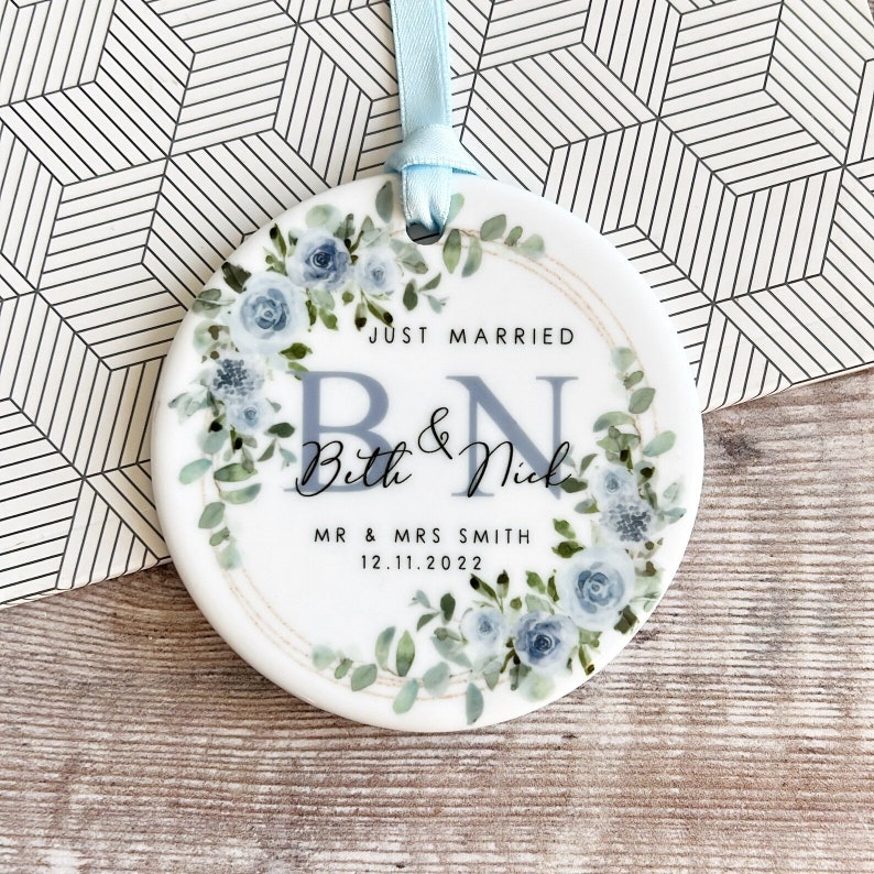 Personalised Just Married Gift Mr & Mrs Wedding Newlywed Bride Groom Eucalyptus Greenery Ceramic or acrylic Round Ornament Keepsake Pale blue