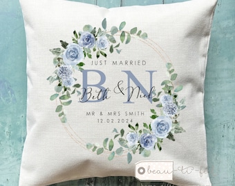 Personalised wedding gift Wedding day Newlywed Married Mr Mrs Home Pale Blue Floral Greenery Design Home Quote Linen Style Cushion cover