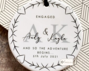 Personalised Engaged Gift Vine Heart Ceramic Round Decoration Ornament Keepsake