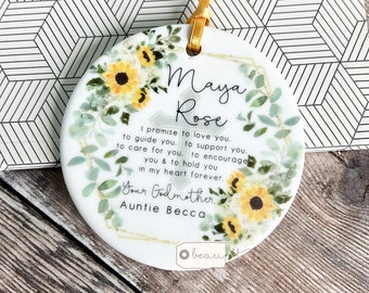 Personalised Promise to Godchild gift Goddaughter Godson Christening Baptism Sunflowers Design Ceramic or Acrylic Round Ornament Keepsake